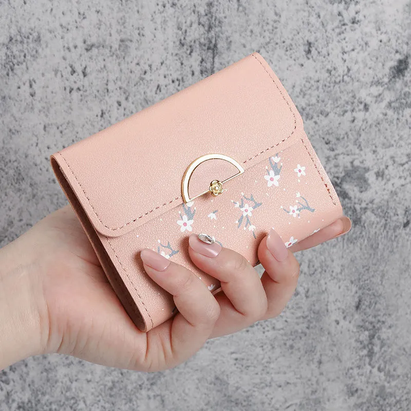 Flower Printed Purse Women PU Leather Three Fold Wallet Cash Bag Ladies Clutch Short Wallet ID Card Holder Cute Handheld Wallet