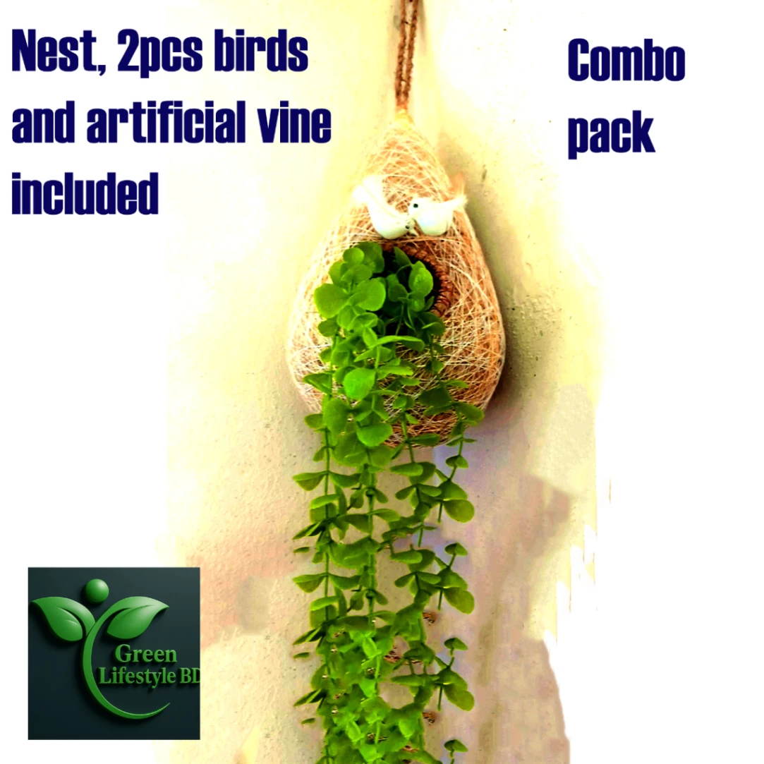 Natural Look Hanging Bird Nest with Plant &amp; Pair of Birds 2