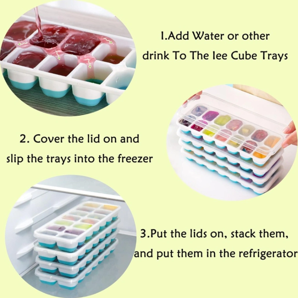 Silicone Ice Cube 14 Trays with Lid with Easy Release &amp; Durability, Stackable &amp; Bpa Free Ice Tray for Drinks, Fruit, Yogurt, Cocktail, Flexible Ice Trays for Freezer 4