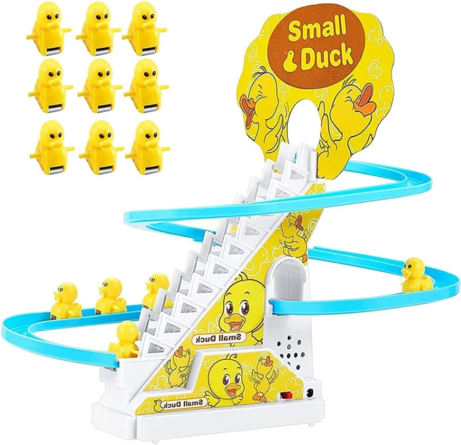 Electric Duck Climbing Stairs Toy with LED Lights &amp; Music – Fun Roller Coaster Set for Kids 3