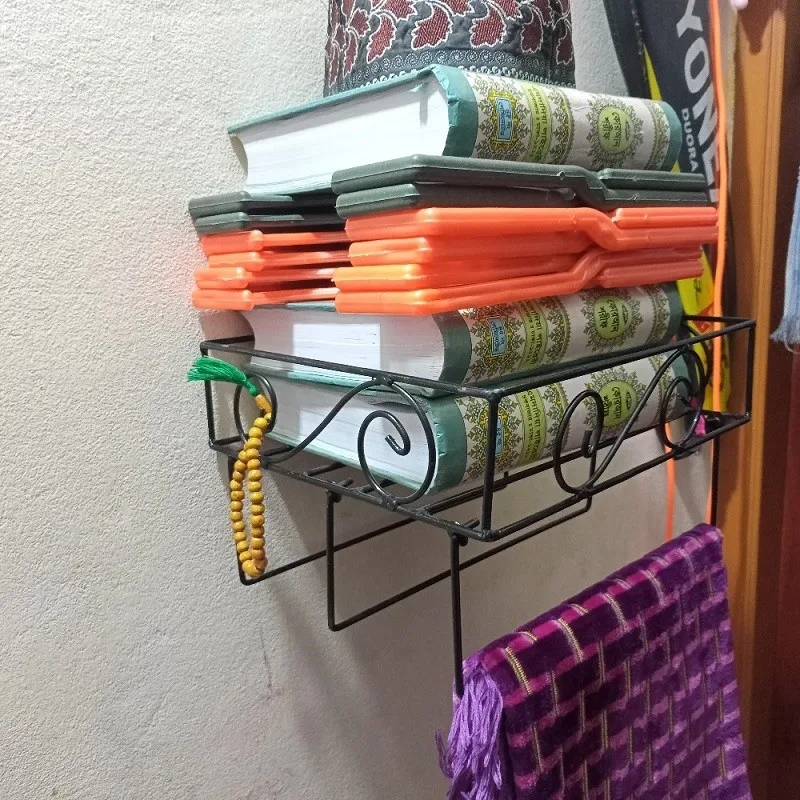 Sturdy and Elegant 12" Metal Wall Quran Stand in Black – Comes with 2 Jaymamaz Hangers – Ideal for Quran Sharif Display and Jainamaj Hanging – Perfect Wall Mount Stand for Home or Mosque. 4