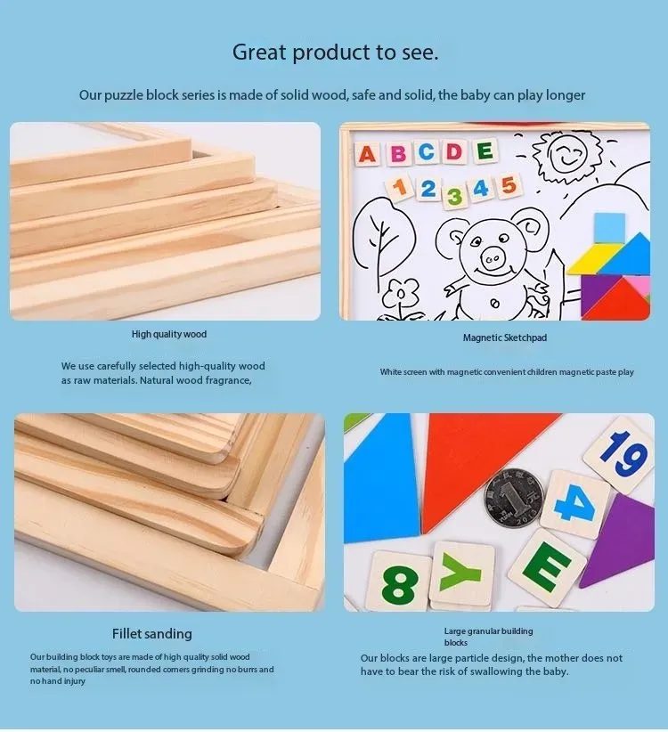 Double sided white board black board with magnetic wooden alphabet, chalk, eraser, marker and special magnetic tangram - smart tool for children learning 6