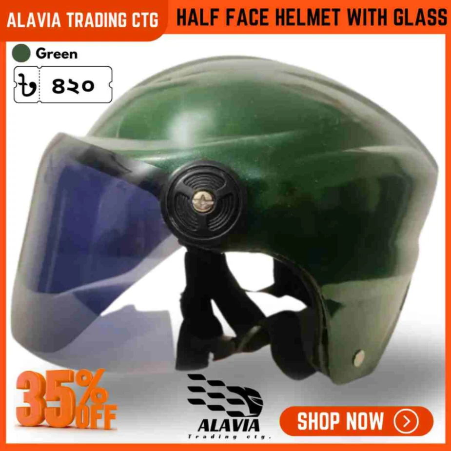 Pelion SMS Cap Style Half Face Motorcycle Helmet With Glass for Men & Women - Green 2