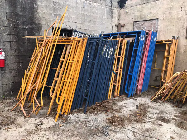 Scaffold walkthrough frames,  x-brace, U-head, screw base, planking