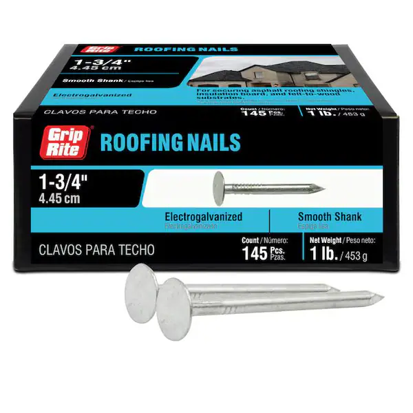 Electro Galvanized Roofing Nails, 1# boxes, 1 3/4", 1 skid available