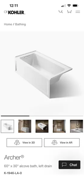 Kohler Archer 60x30 alcove tub, left drain