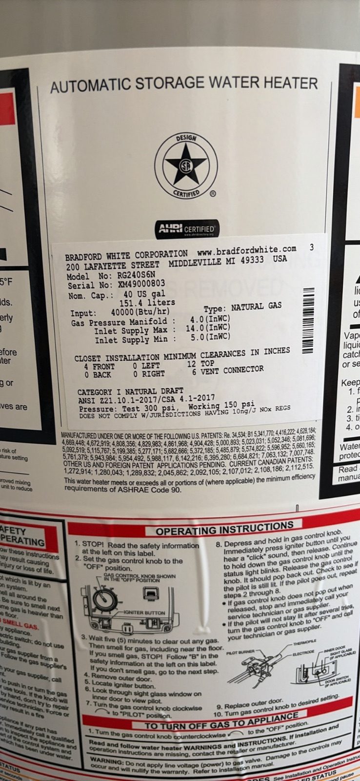 Natural Gas Bradford/White Hot Water Heater