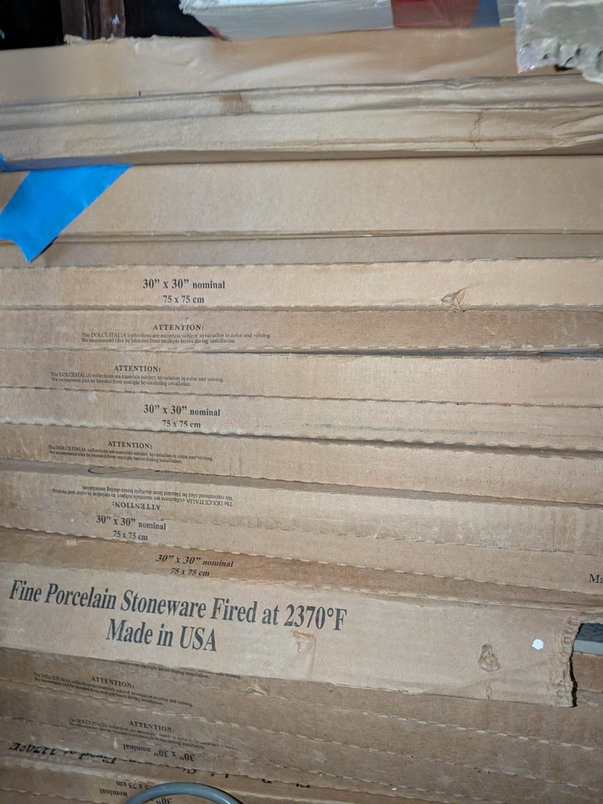 30 boxes of 30" x 30" Dolce Italia porcelain tiles manufactured in the USA