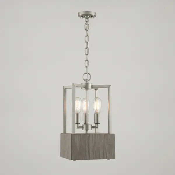 Boswell Quarter 14 in. 3-Light Brushed Nickel Pendant with Weathered Gray Wood Accents