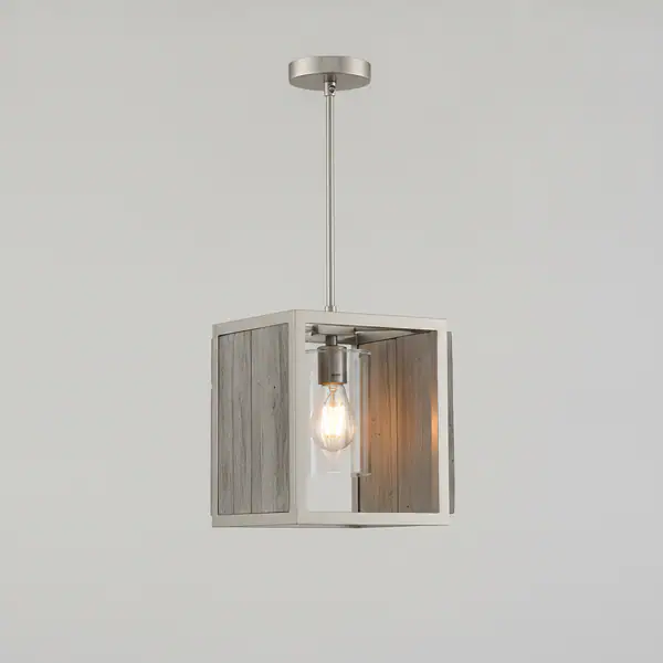 Boswell Quarter 1-Light Brushed Nickel Mini Pendant with Weathered Gray Wood Accents