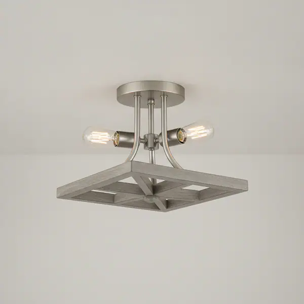 Boswell Quarter 12-1/2 in. 2-Light Brushed Nickel Flush Mount with Weathered Gray Wood Accents