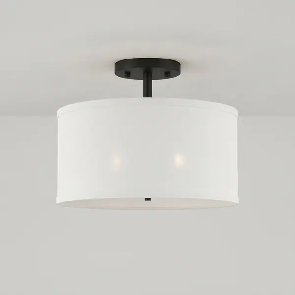 Brookley 14 in. 2-Light Matte Black Semi-Flush Mount with White Fabric Shade