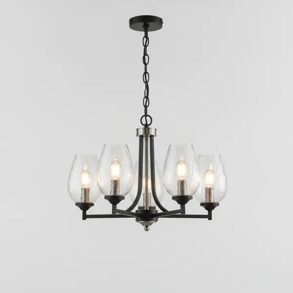 Elara 5-Light Matte Black and Brushed Nickel Chandelier with Clear Textured Glass