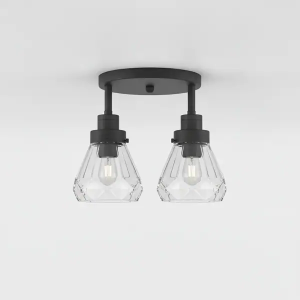 Alsy 11 in. 2-Light Matte Black Transitional Semi-Flush Mount with Clear Faceted Glass Shade