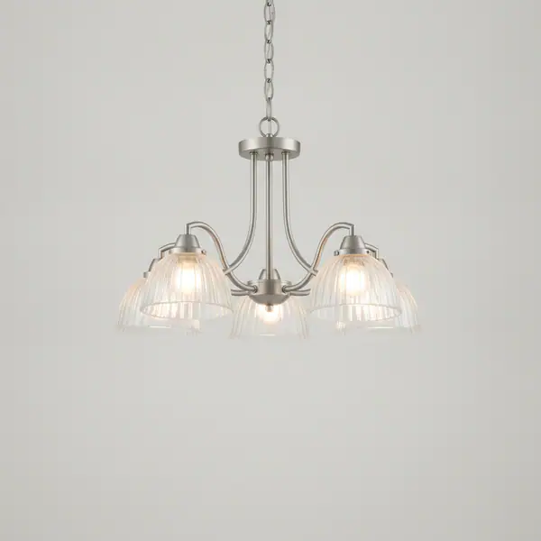 Delphi 5-Light Brushed Nickel Chandelier with Clear Ribbed Glass Shades