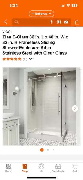 Vigo Elan frameless shower enclosure 48”width by 36”depth 