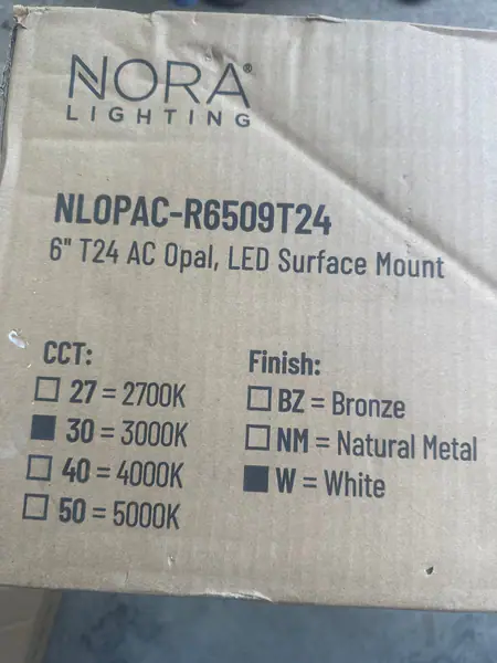 LED Surface mount 6” lights, retrofitable, white- Nora Lighting. 1 box with 24 lights total 