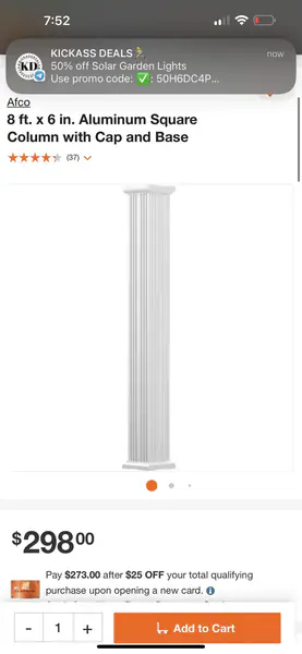8 ft. x 6 in. Aluminum Square Column with Cap and Base AFCO