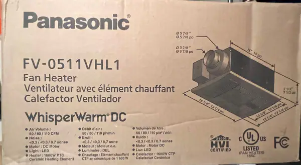 Panasonic WhisperWarm DC 50-80-110 CFM Ceiling Exhaust Fan with LED Light/Night Light and Heater - new we have others available 