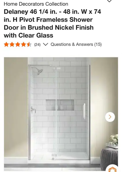 Home Decorators Collection Delaney 46 1/4 in. - 48 in. W x 74 in. H Pivot Frameless Shower Door in Brushed Nickel Finish with Clear Glass