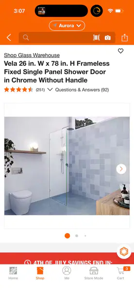  26 x 78“ frameless fixed single Panel shower wall 