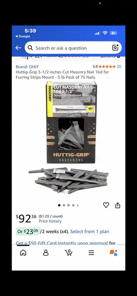 Cut masonry nail 16d  3 1/2”
