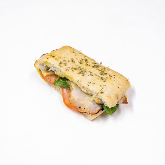 Spinach focaccia with pesto and confit tomato