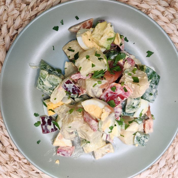 Potato salad with mild mustard dressing, salmon, bell pepper, onion, hard-boiled egg, avocado