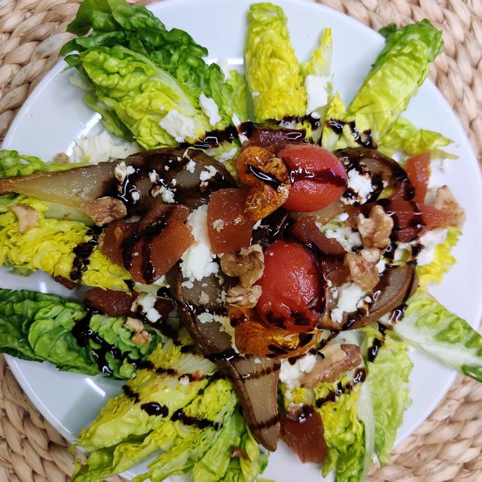 Cabbage rolls with candied pear, quince paste, and feta cheese
