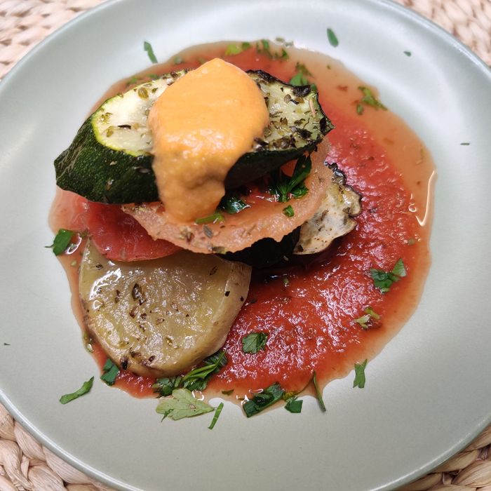 Vegetable timbale with romesco