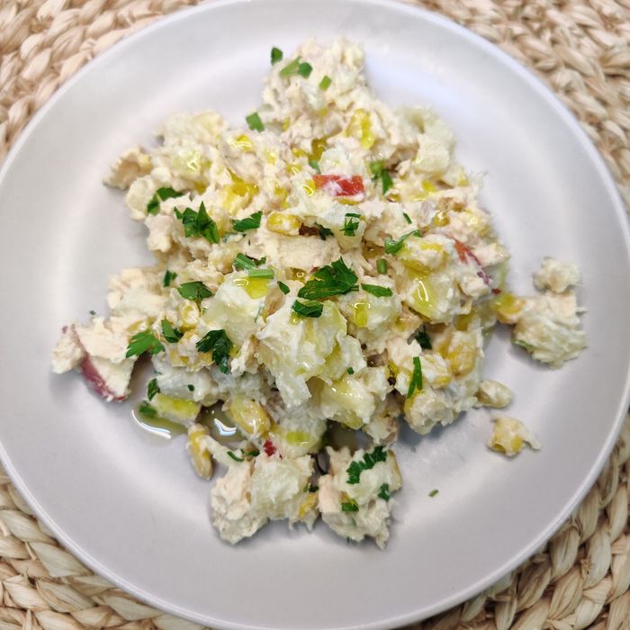Potato salad with chicken, apple, and mayonnaise