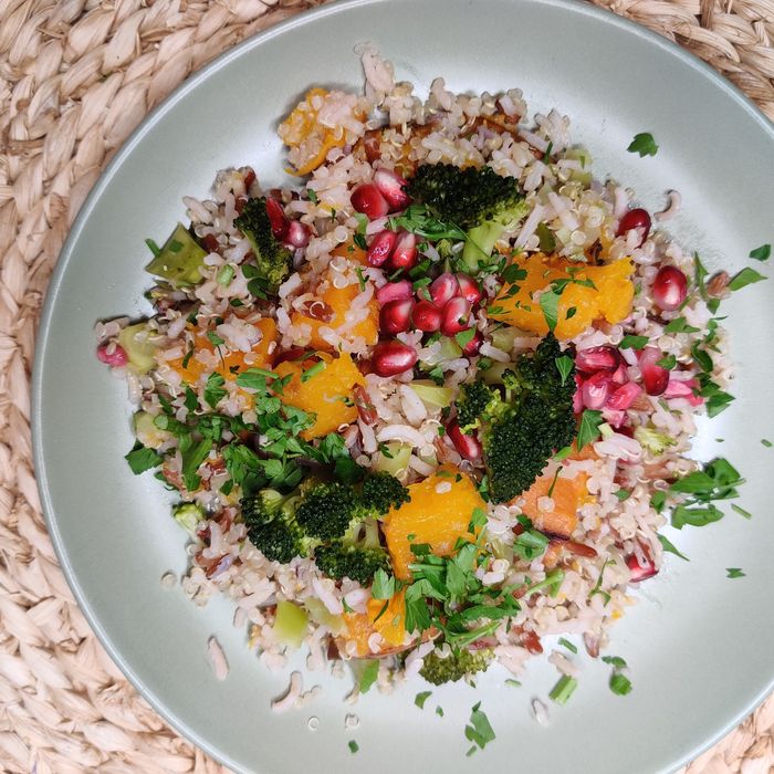 Amanida d'arros vermell ecologic amb quinoa , col kale i magrana
