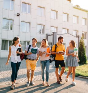 5 estudando saindo de universidade com livros na mão