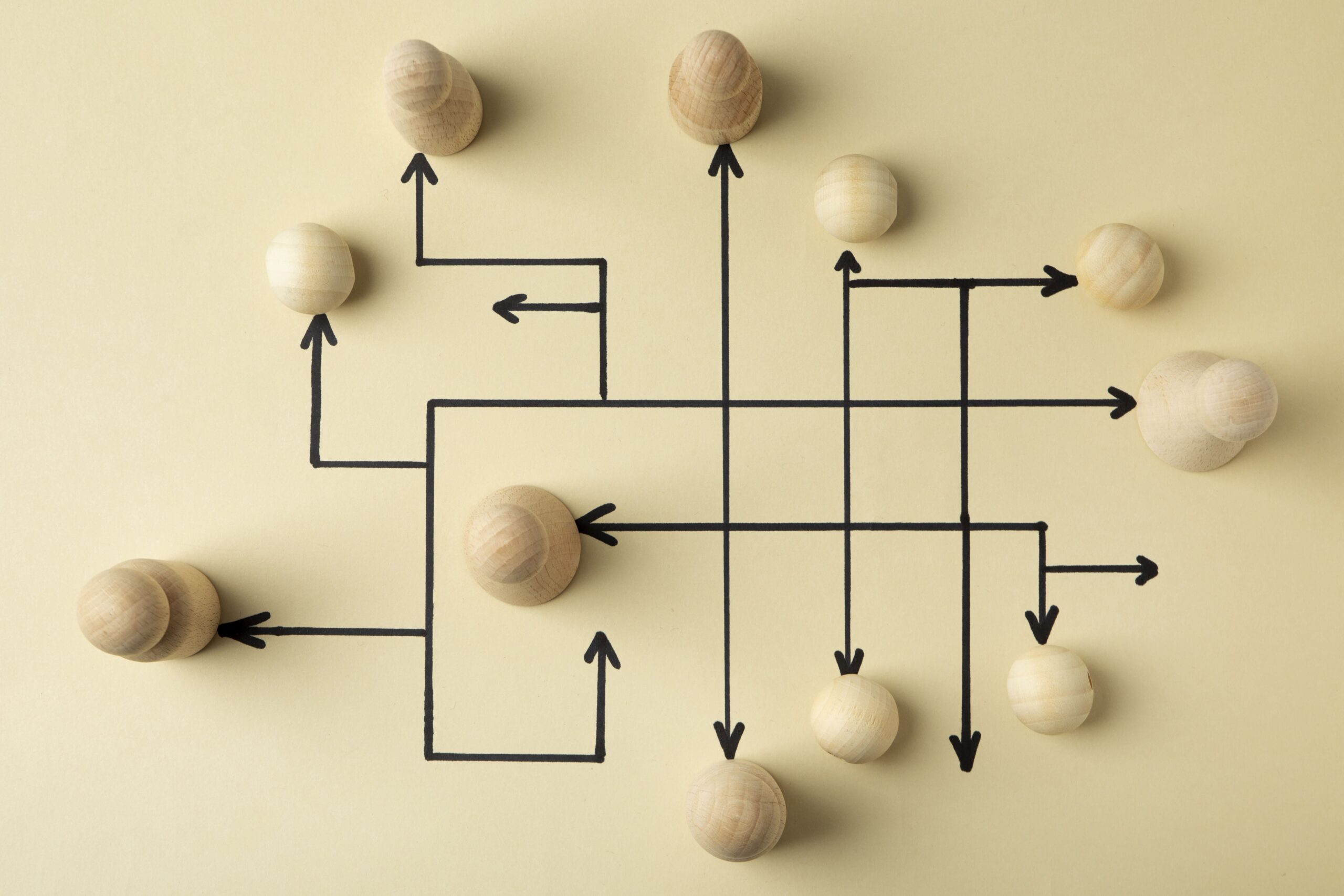 Foto de diferentes pinos de madeira, similares aos "peões" de um jogo de xadrez. Uma representação gráfica com linhas e flechas apontam para onde cada um deles está indo. A imagem representa a alocação de recursos em um projeto.