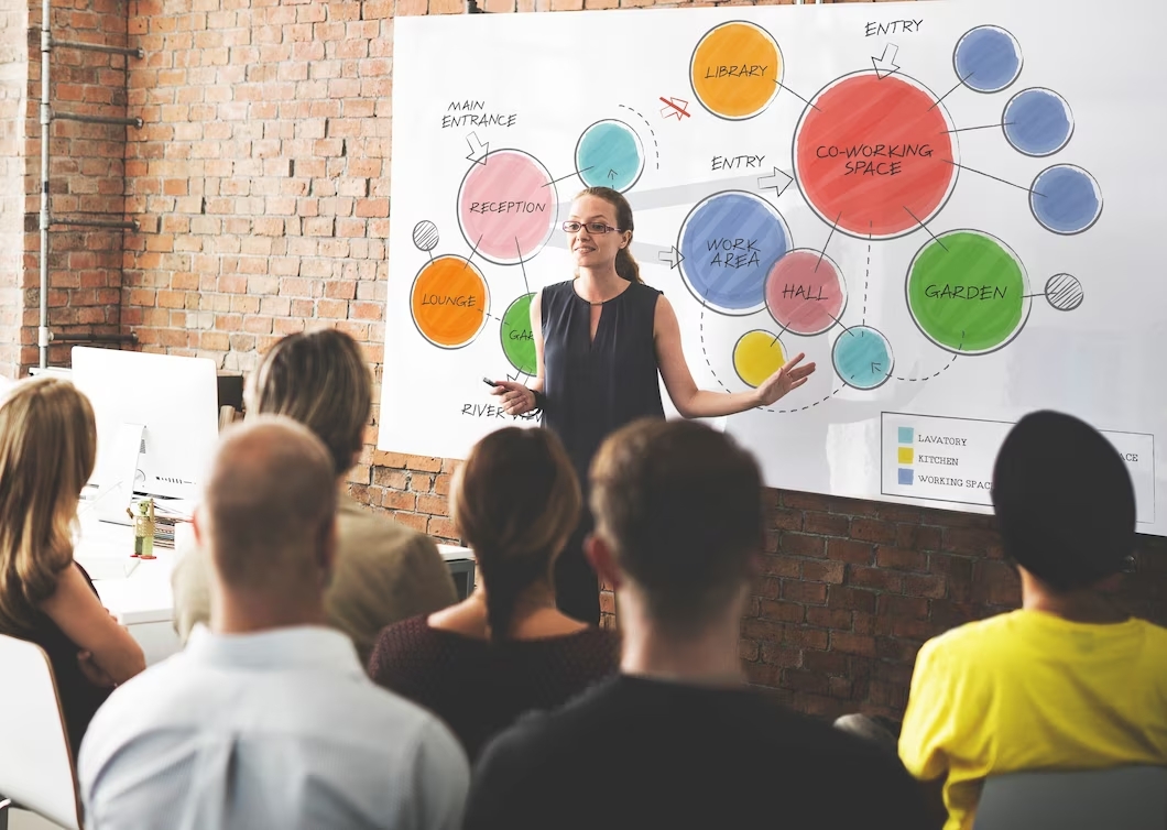 mulher apresentando projeto de gestão participativa na empresa