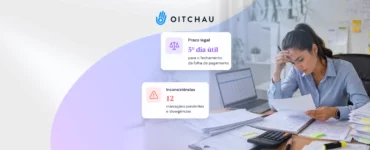 Profissional de DP com pilha de papéis e alertas de prazo e inconsistências no fechamento da folha de ponto