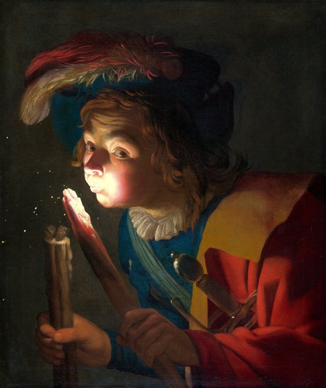 A Boy Blowing on a Firebrand by Gerard van Honthorst