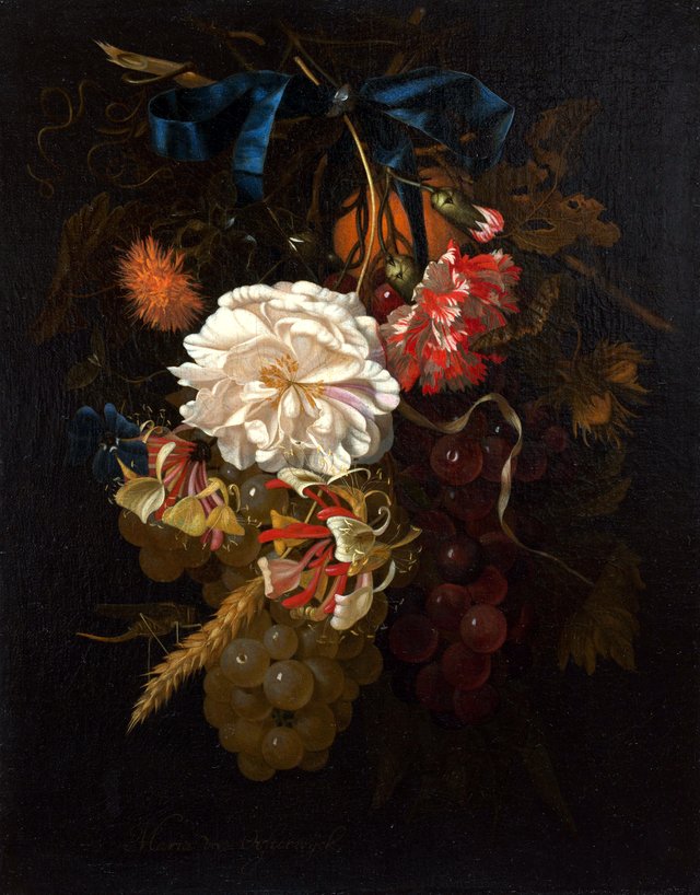 Bouquet of Flowers and Fruit with Blue Ribbon by Maria van Oosterwijck