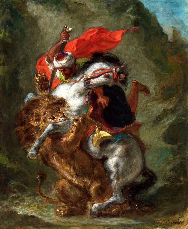Arab Horseman Attacked by a Lion by Eugène Delacroix