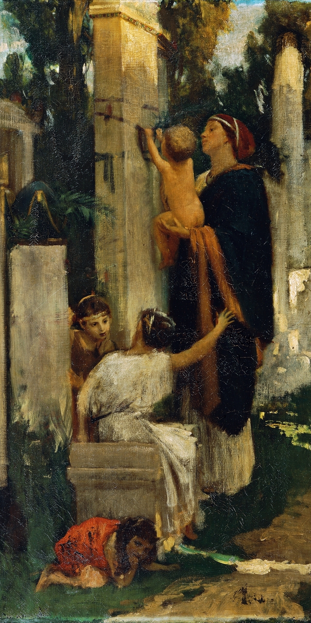 Ancient cemetery scene (woman with children decorating a grave) by Adolf Hirémy-Hirschl