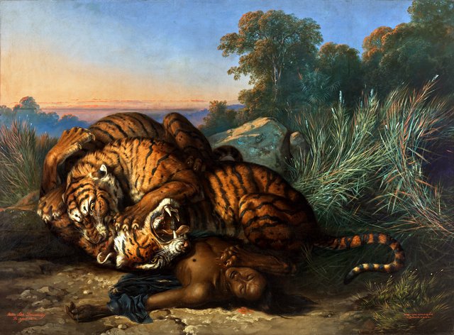 Tigers Fighting over a Dead Javanese by Raden Saleh