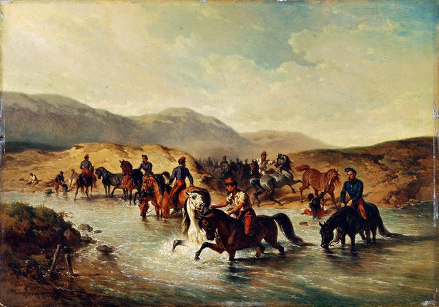 Französische Kavallerie in der Pferdeschwemme by Josef Anton Strassgschwandtner