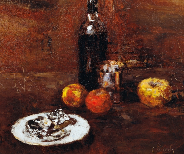 Stillleben mit drei Äpfeln und Käse in Staniol by Carl Schuch