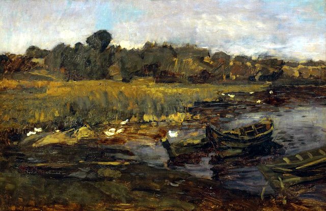 Schilflandschaft am Schwielowsee mit Enten by Carl Schuch