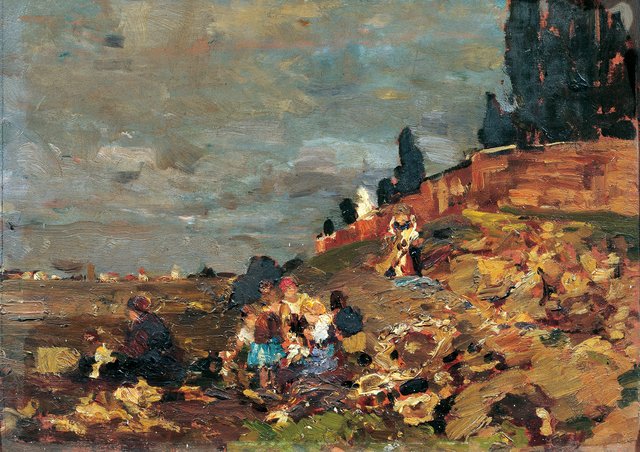 Kinder an der Friedhofsmauer by Tina Blau