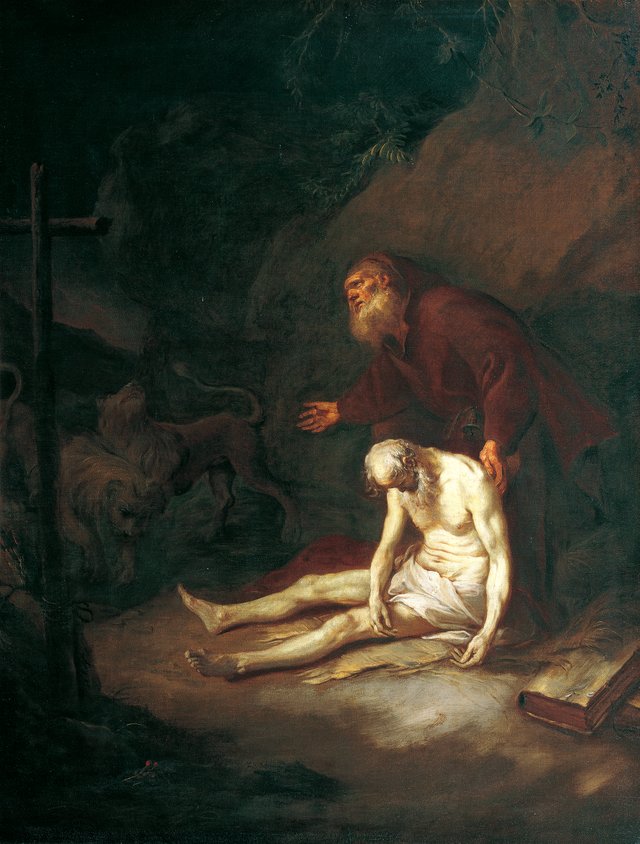 St. Antony Abbot buries St. Paul the Hermit with the help of two lions that scratch a hole in the ground by Martin Johann Schmidt