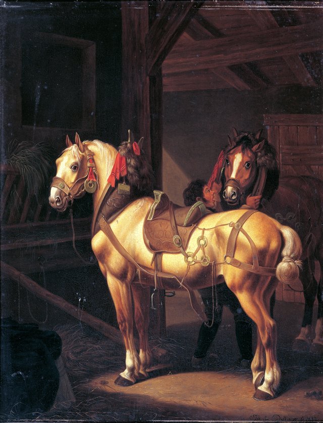Two draft horses in the stable by Johann Baptist Dallinger von Dalling