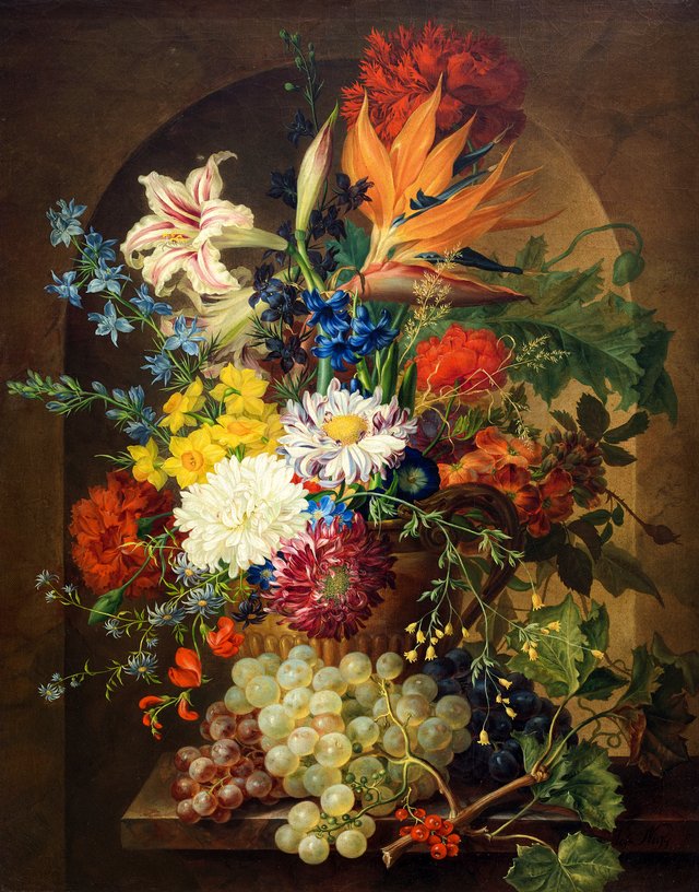 Bouquet of flowers in a niche by Joseph Nigg