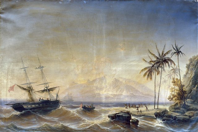 Kriegsschiff vor den Südseeinseln by Josef Püttner