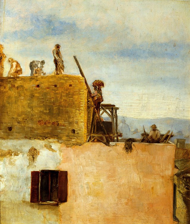 Arbeiter an einem Hausbau by Max Klinger